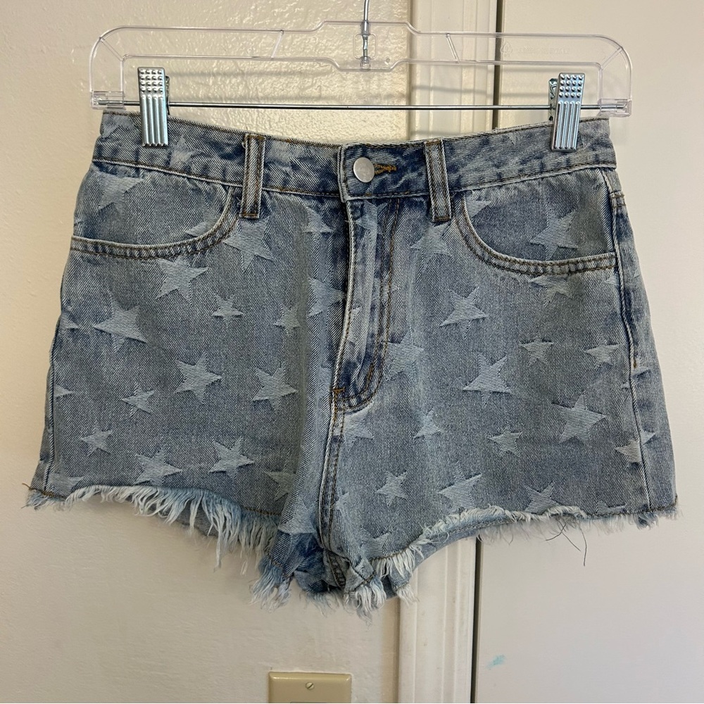 Le Lis Star Print Denim Cutoff Jean Shorts Light Wash Size Small